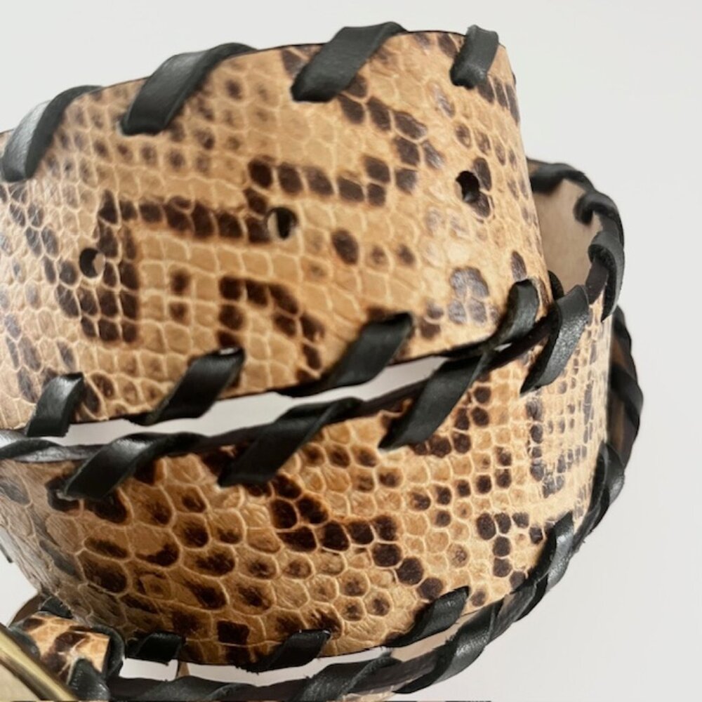 Leather Belt Snakeskin Print Tan Brown Black Gold Tone Buckle Size Large - Picture 2 of 6